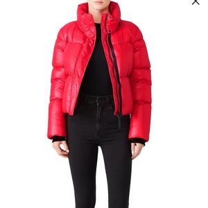 MIMI : This bold-red Mackage puffer jacket, revamped in a cropped cut. Like new